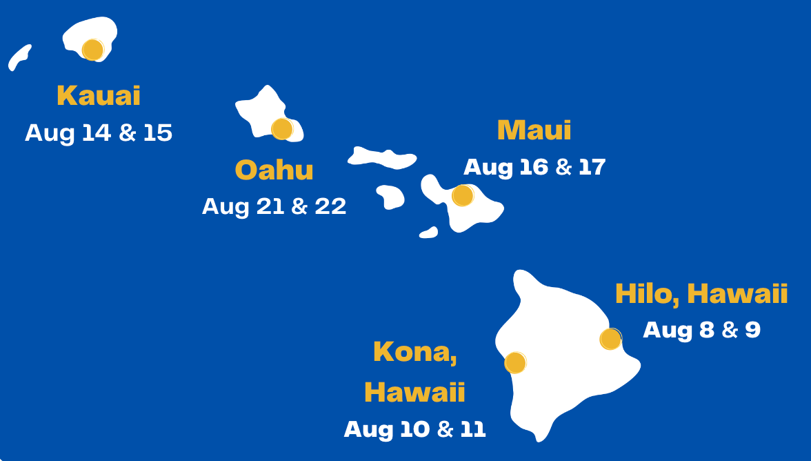 A map of the Hawaiian Islands, listing the training dates.